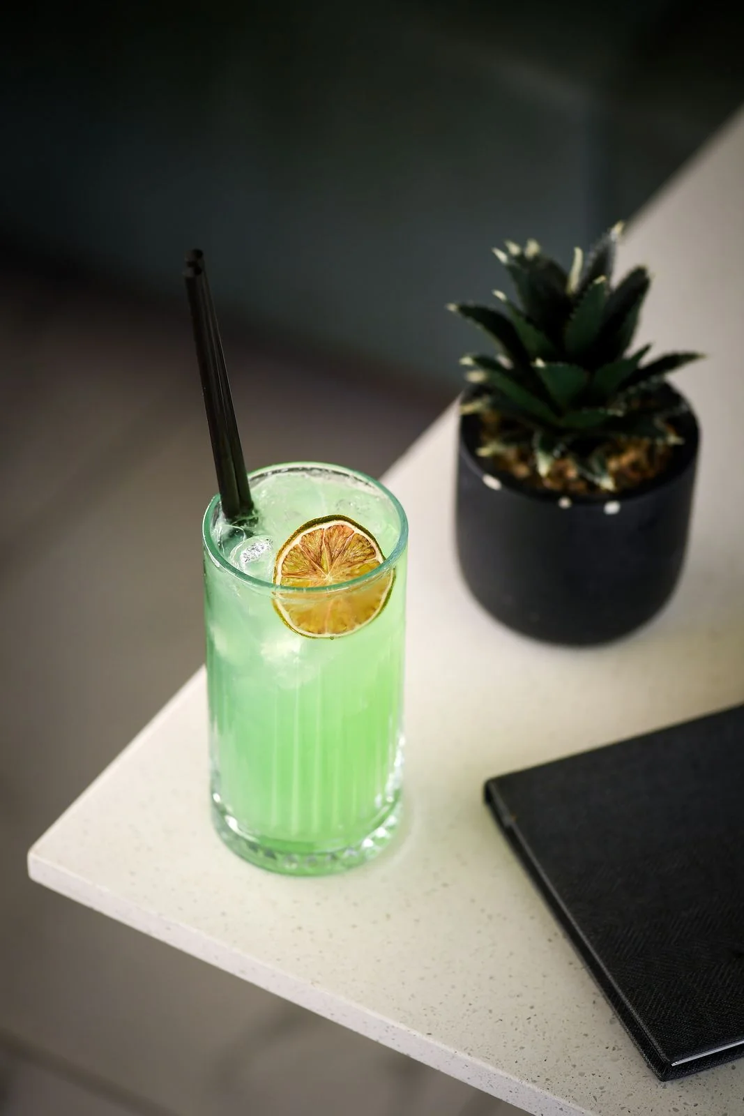 Green cocktail with dried lime in a tall glass, a succulent in a black pot and a black menu on the counter