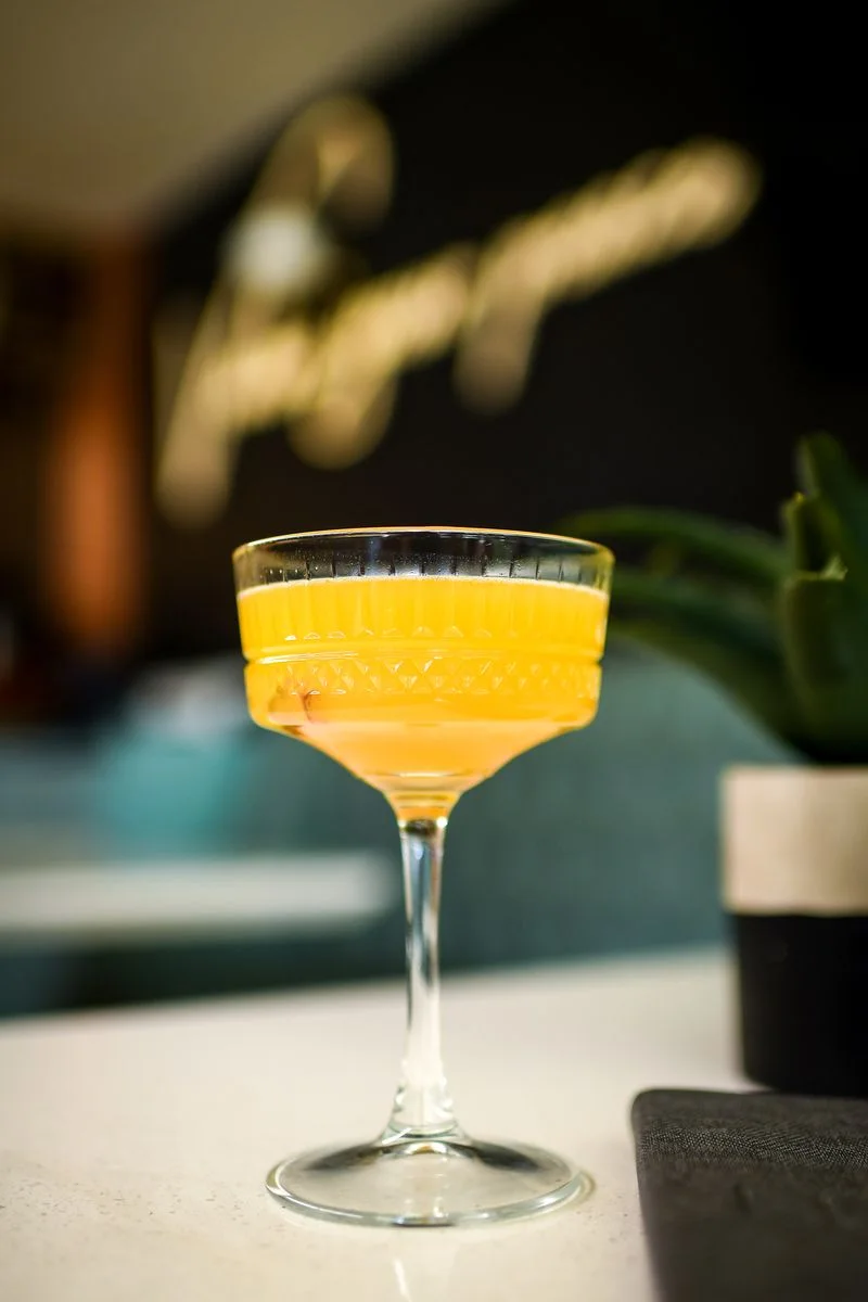 Cocktail at LUXURA: a coupe glass with a yellow cocktail on a white counter, a potted plant beside it
